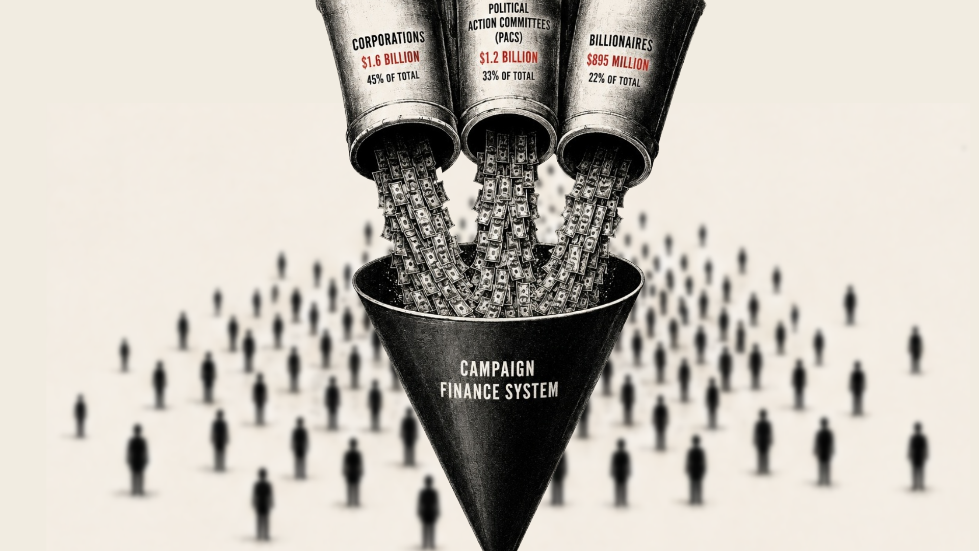 Illustration: funnels labelled Corporations, Political Action Committees and Billionaires pour streams of banknotes into a large cone labelled Campaign Finance System, above a crowd of small silhouetted figures.